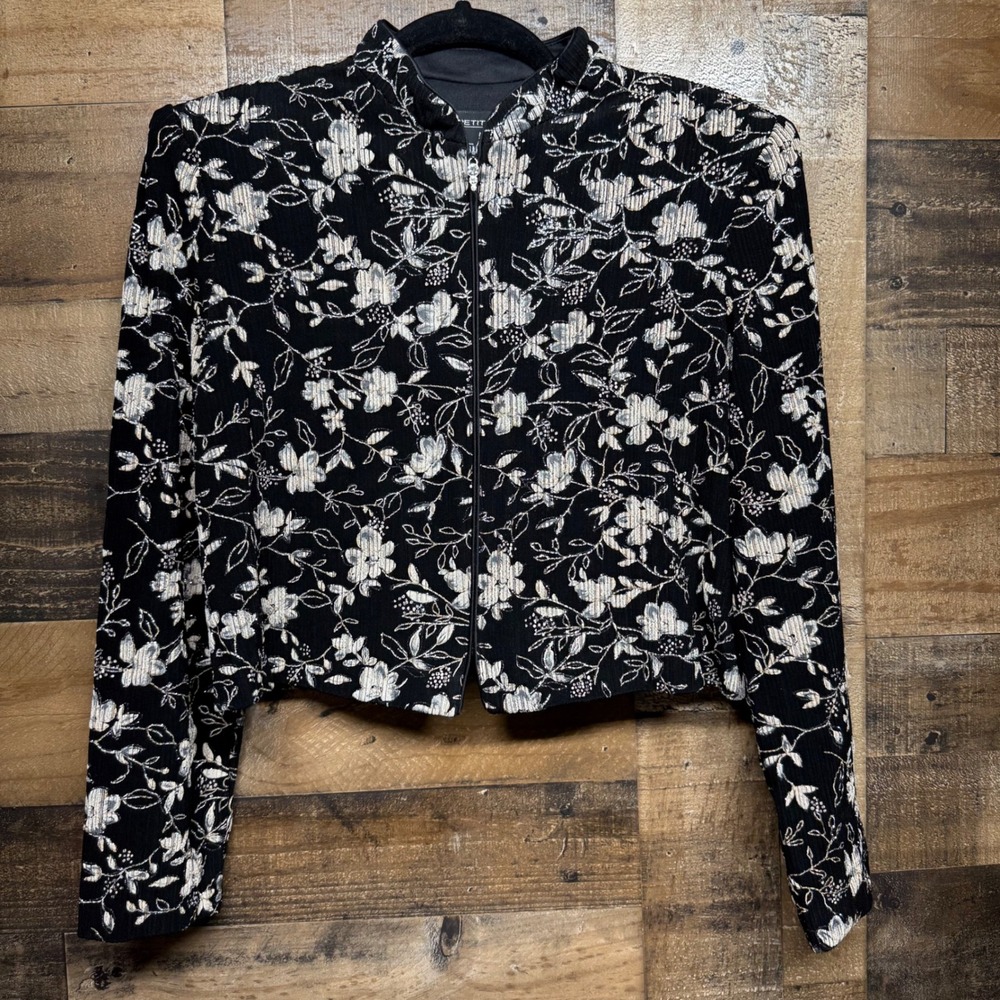 Alex Evenings Petite Floral Jacket Black White Metallic Silver‎ Party Occasion